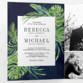Invitation Trois Volets Monstera Tropical Palm Photo Collage Marine Mariag (Intérieur en premier)