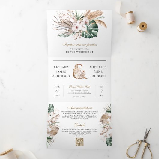 Invitation Trois Volets Monstera tropicale Boho Pampas QR Code Mariage (Intérieur)