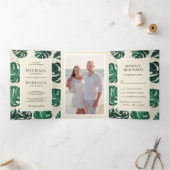 Invitation Trois Volets Monstera Tropicale Vert et Beige Mariage Feuille (Intérieur)