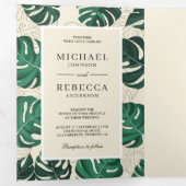 Invitation Trois Volets Monstera Tropicale Vert et Beige Mariage Feuille (Intérieur en premier)