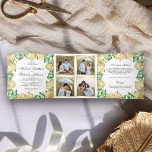 Invitation Trois Volets Monstera vert et or Palm Photo Collage Mariage