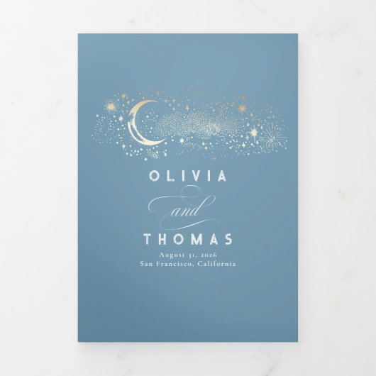 Invitation Trois Volets Moon Stars Celestial Dusty Blue Mariage Photo (Page de couverture)