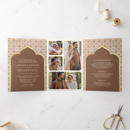 Invitation Trois Volets Motif Brown beige tout en un Mariage indien (Intérieur)