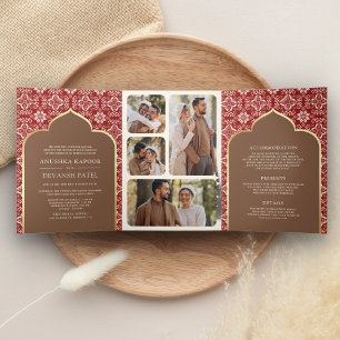 Invitation Trois Volets Motif Brun Rouge Tout en Un Mariage Indien