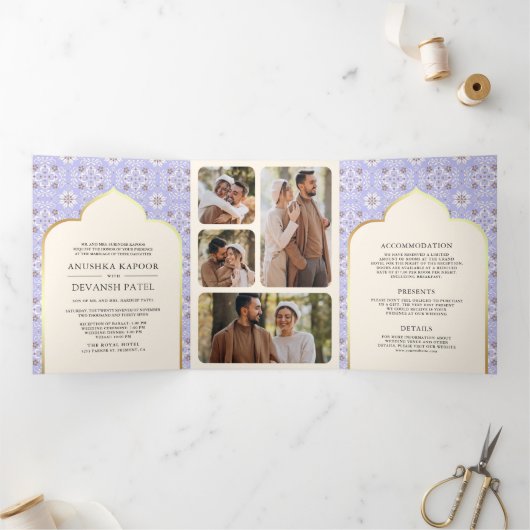 Invitation Trois Volets Motif de lavande d'ivoire en un seul Mariage indie (Intérieur)