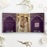 Invitation Trois Volets Motif de Peacock d'or violet Floral Indien Mariage<br><div class="desc">Éblouissez vos invités avec cette élégante invitation tout en un mariage indien avec un arrière - plan motif paon magnifique et de belles fleurs avec code QR pour RSVP en ligne. Ajoutez simplement les détails de votre événement sur ce modèle facile à utiliser et ornez cette carte avec votre photo...</div>
