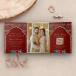 Invitation Trois Volets Motif de Peacock or rouge Floral Indien Mariage<br><div class="desc">Éblouissez vos invités avec cette élégante invitation tout en un mariage indien avec un arrière - plan motif paon magnifique et de belles fleurs avec code QR pour RSVP en ligne. Ajoutez simplement les détails de votre événement sur ce modèle facile à utiliser et ornez cette carte avec votre photo...</div>