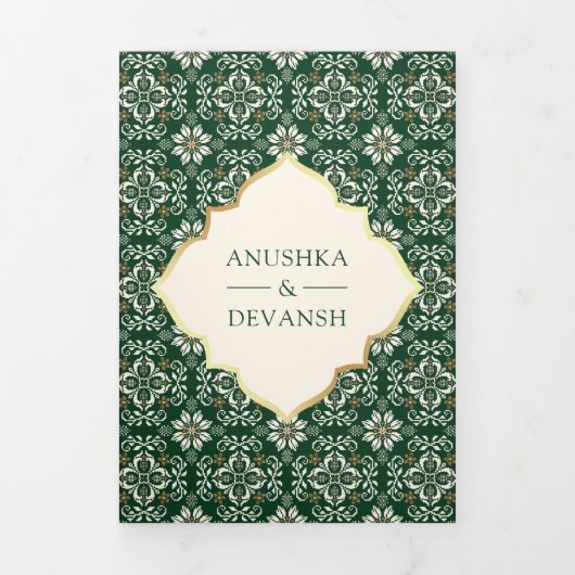Invitation Trois Volets Motif d'émeraude d'ivoire en un seul Mariage indie (Page de couverture)
