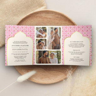 Invitation Trois Volets Motif Rose d'Ivoire Robe de Mariée Indienne Une Pi