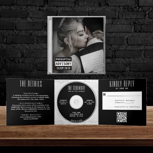 Invitation Trois Volets Musique CD Album Couverture Mariage noir tout en u