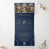 Invitation Trois Volets Navy Blue Gold Minimal Arch Photo QR code Wedding (Intérieur)