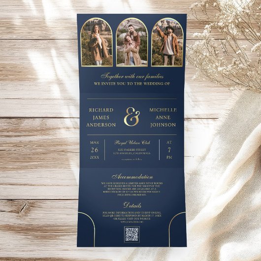 Invitation Trois Volets Navy Blue Gold Minimal Arch Photo QR code Wedding