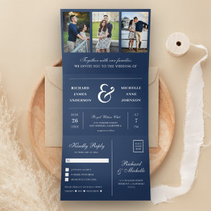 Invitation Trois Volets Navy Blue Minimal 3 en 1 Mariage Photo Collage