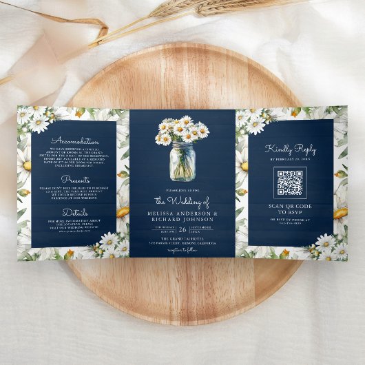 Invitation Trois Volets Navy Blue Wood Daisies Mason Jar QR Code Wedding