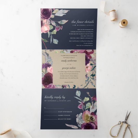 INVITATION TROIS VOLETS NAVY KRAFT PURPLE LILAC MARIAGE DE COULEUR D'EAU F (Intérieur)
