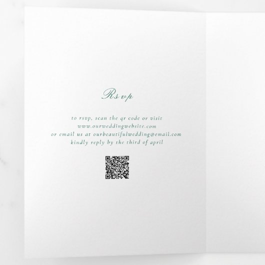 Invitation Trois Volets Nettoyer Emerald Green QR Code Mariage élégant (Intérieur en premier)