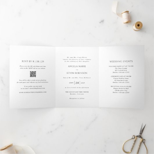 Invitation Trois Volets Nettoyer noir et blanc QR Code moderne Mariage (Intérieur)