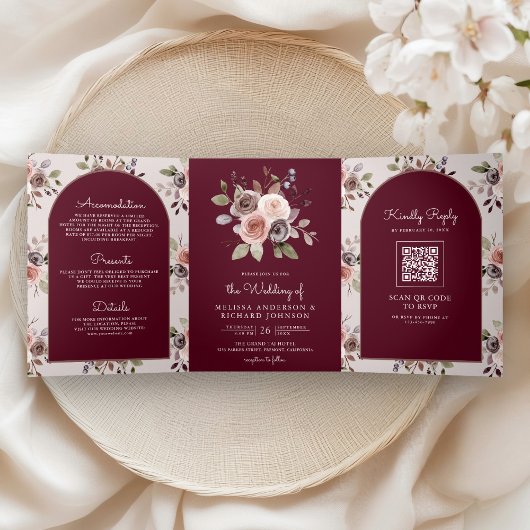 Invitation Trois Volets Neutral Taupe Floral QR Code Burgundy Wedding