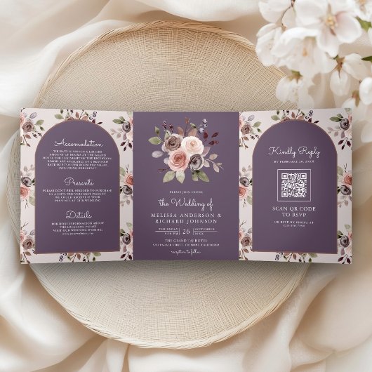Invitation Trois Volets Neutral Taupe Floral QR Code Dusty Purple Wedding
