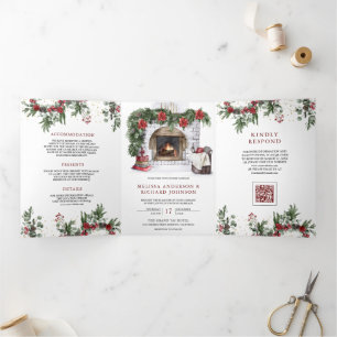 Invitation Trois Volets Noël Cheminée Poinsettia Code QR Mariage