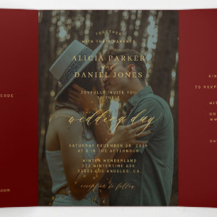 Invitation Trois Volets Noël or burgundy photo mariage RSVP QR