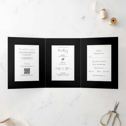 Invitation Trois Volets Noir Blanc Or moderne minimal mariage élégant (Intérieur)