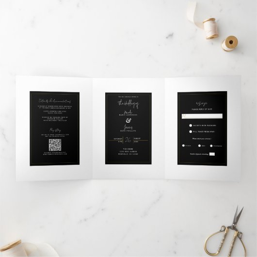 Invitation Trois Volets Noir Blanc Or moderne minimal mariage élégant (Intérieur)