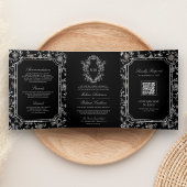 Invitation Trois Volets Noir Chinoiserie Crest QR Code Mariage