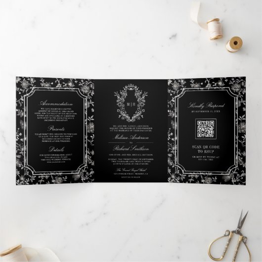 Invitation Trois Volets Noir Chinoiserie Crest QR Code Mariage (Intérieur)