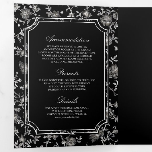 Invitation Trois Volets Noir Chinoiserie Crest QR Code Mariage (Intérieur en premier)