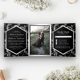 Invitation Trois Volets Noir et Argent Flourissent Mariage Photo en Tourbi