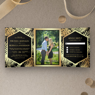 Invitation Trois Volets Noir et Faux Gold Foil Tropical Palm Mariage