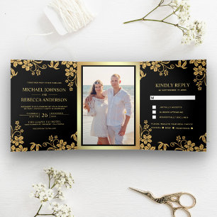 Invitation Trois Volets Noir et Or Feuille Florale de Papier d'Aluminium M