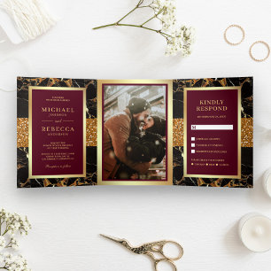 Invitation Trois Volets Noir Marbre Or Paillettes Bourgogne Rouge Mariage
