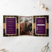 Invitation Trois Volets Noir Marbre Or Parties scintillant Plum violet Mar (Intérieur)