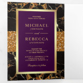 Invitation Trois Volets Noir Marbre Or Parties scintillant Plum violet Mar (Intérieur en premier)