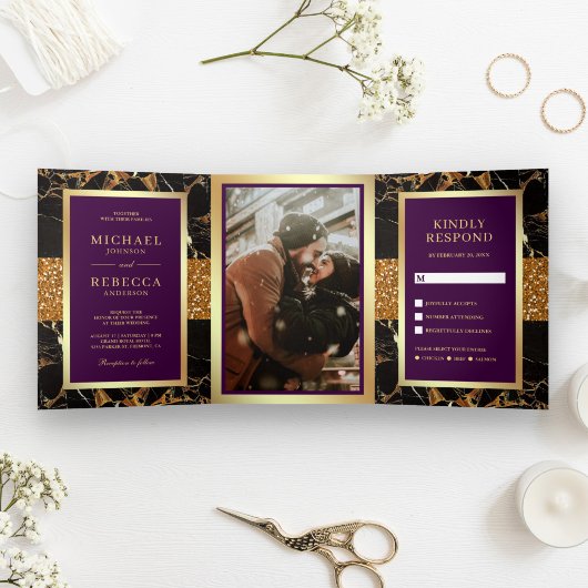 Invitation Trois Volets Noir Marbre Or Parties scintillant Plum violet Mar