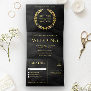 Invitation Trois Volets Noir Or Laurier Minimal Tout en Un Mariage