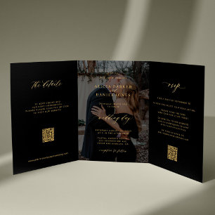 Invitation Trois Volets Noir or photo mariage RSVP détails QR code