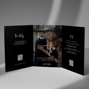 Invitation Trois Volets Noms des photos script détails RSVP mariage code Q