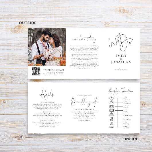 Invitation Trois Volets Nous faisons noir blanc Photo QR Code Timeline Mar