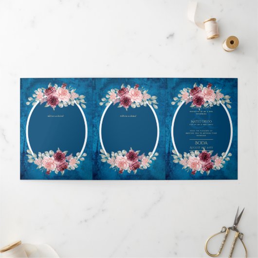 Invitation Trois Volets Nuestra Boda Bourgogne Blue Floral Wedding Invitat (Extérieur)