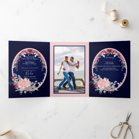 Invitation Trois Volets Nuestra Boda Bourgogne Blue Floral Wedding Invitat (Intérieur)