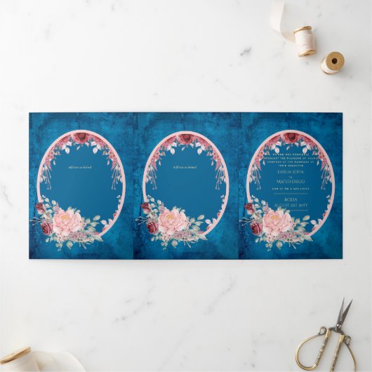 Invitation Trois Volets Nuestra Boda Bourgogne Blue Floral Wedding Invitat (Extérieur)