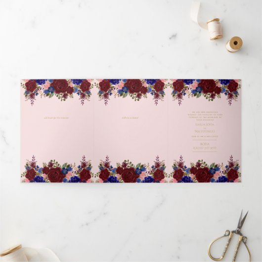 Invitation Trois Volets Nuestra Boda Bourgogne Blue Floral Wedding Invitat (Extérieur)