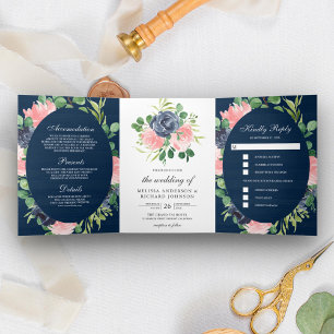 Invitation Trois Volets Nuit Bleue et Rose Pâle Fleurs Bois Mariage
