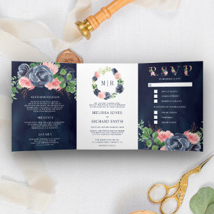 Invitation Trois Volets Nuit Bleue et Rose Pâle Floral Robe de Mariée