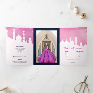 Invitation Trois Volets Nuits roses Arabes Aquarelle Quinceañera