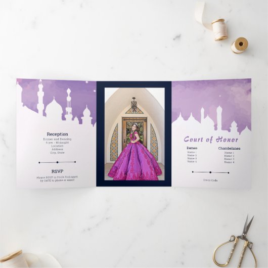 Invitation Trois Volets Nuits violettes Arabes Aquarelle Quinceañera Tri-F (Intérieur)