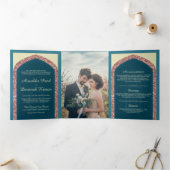 Invitation Trois Volets Océan Bleu Rose Parties scintillant d'or Mariage i (Intérieur)